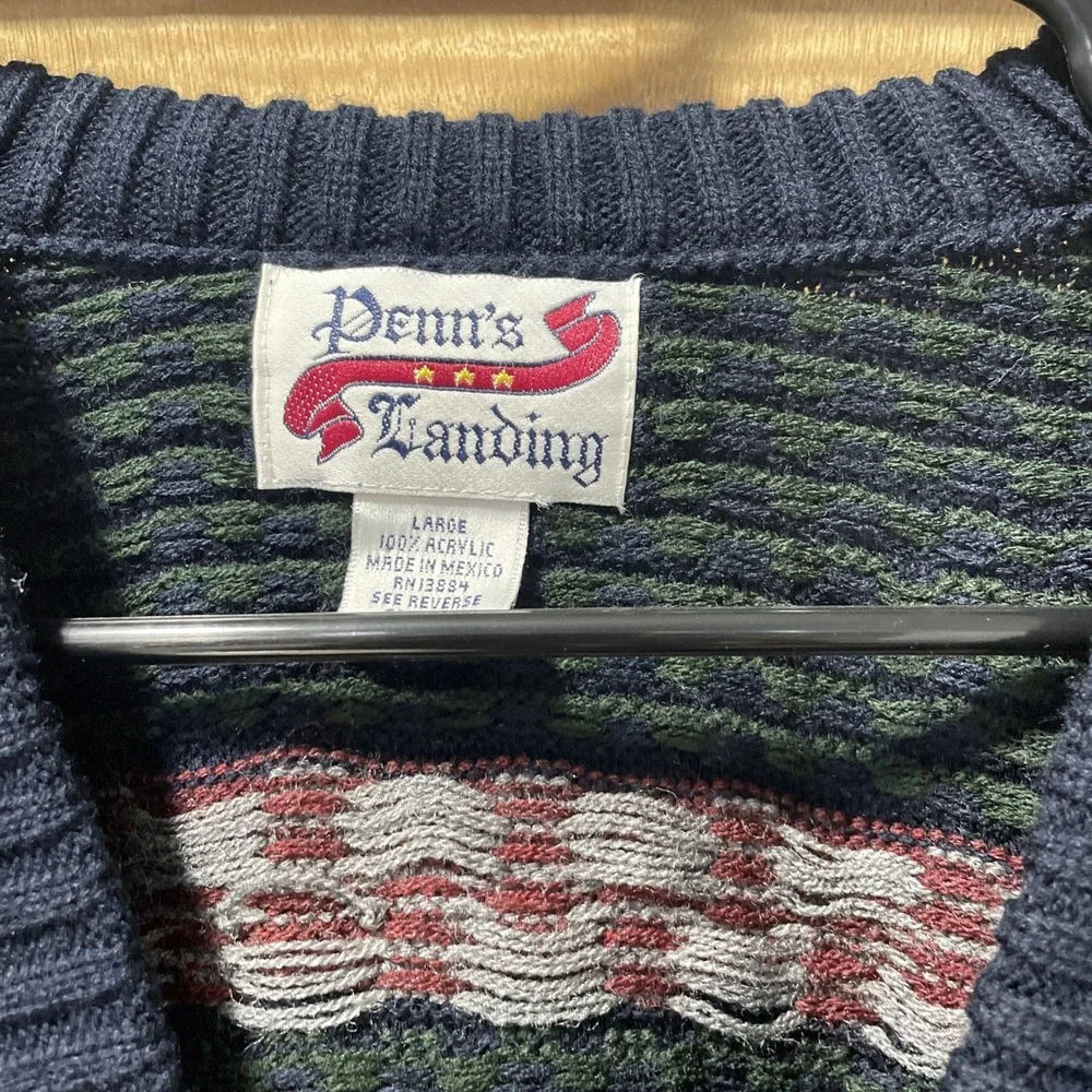 Penns Landing Men's Ribbed‎ Knit Button Cardiology Fan Sweater Large VTG 90s